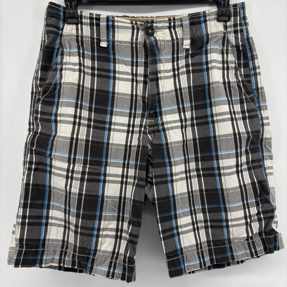 American Eagle Mens Plaid Shorts 32 Black Blue White Classic Length Cotton Y2K